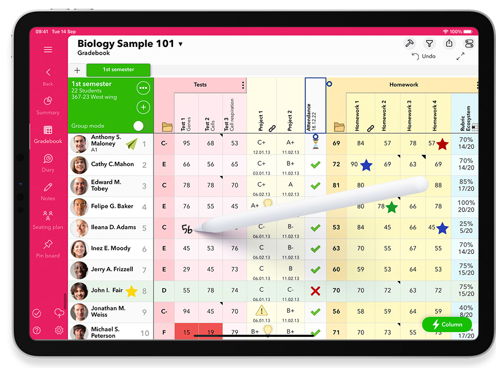 iDoceo para iPad: cuaderno con evaluaciones, fotos de alumnos y columnas de colores